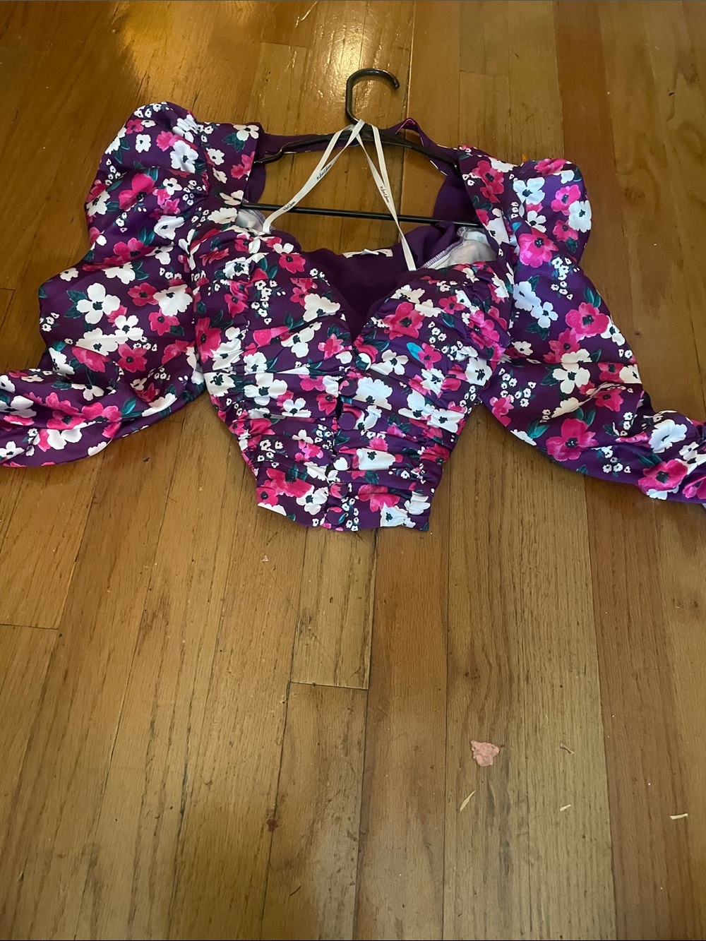 For Love & Lemons Purple Floral Puff-Sleeve Cropped corset Top Sz L